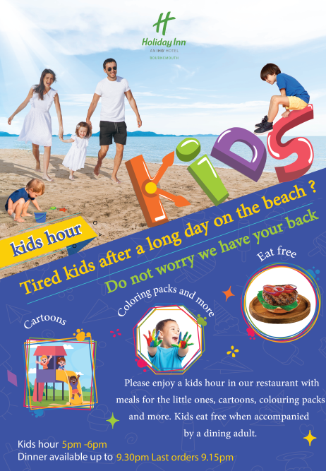 HolidayInnBMTH's tweet photo. Staying with us as a family over the summer school holidays? Why not take up the opportunity of dining with us as a family in our family hour from 5pm. Remember Kids eat free for every paying Adult. https://t.co/dO2S46W8L8