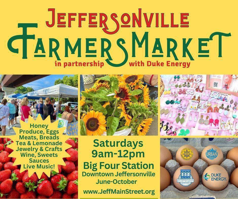 It’s Market Day! Jeffersonville Farmers Market in partnership w/Duke Energy is open 9am-noon TODAY (Saturday) at Big Four Station in beautiful Downtown Jeffersonville! Local food, drinks, crafts + live music with Eric & Kenny! https://t.co/1wp39WFLdV