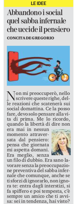 zeropregi's tweet photo. Premesso che cambiare idea è legittimo...
6 mesi fa, il 19 gennaio, in un articolo a tutta pagina su @LaStampa, Concita De Gregorio annunciava che sarebbe "uscita da quel sabba infernale che uccide il pensiero" e cioè i social network. Anzi invitava proprio a fare in fretta!
1/2 https://t.co/yxatiFFH0t