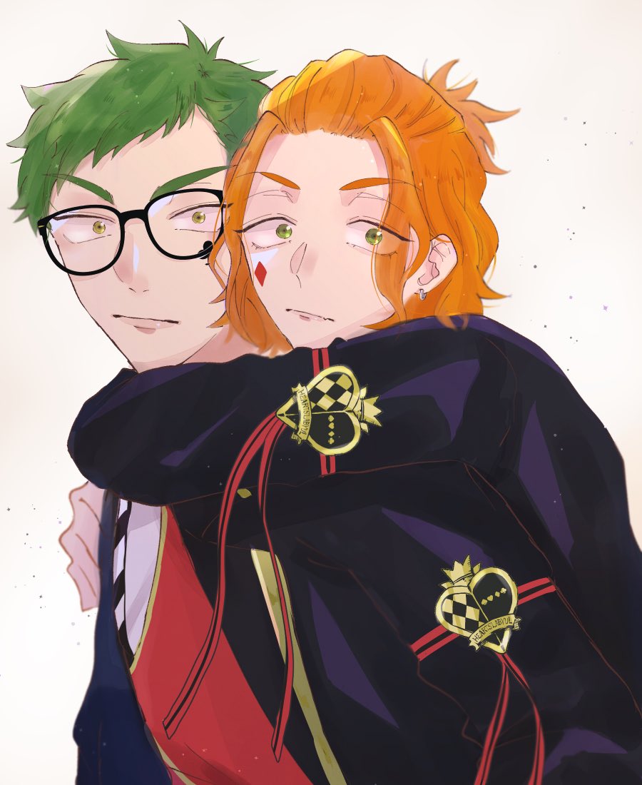 green hair multiple boys 2boys green eyes glasses orange hair male focus  illustration images