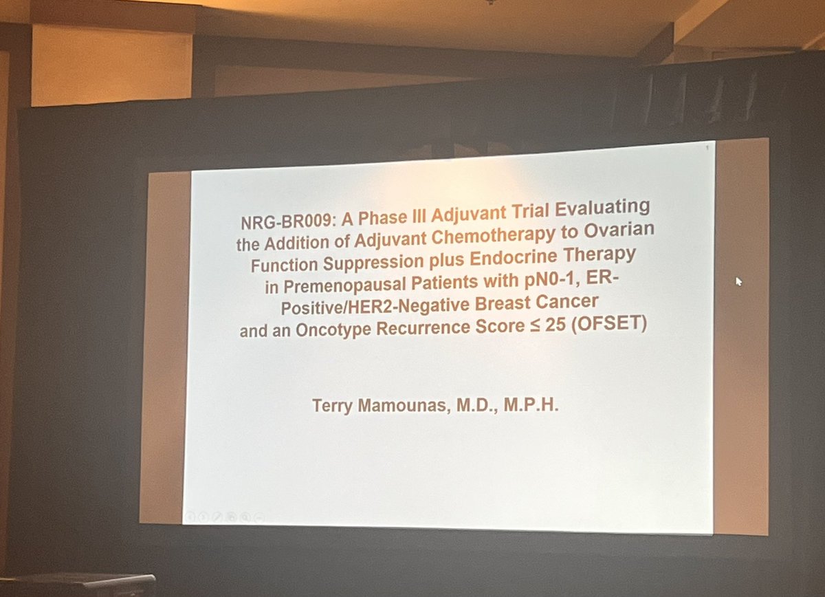 NRGonc's tweet photo. The NRG-BR009 Workshop is happening now. The OFSET study is on track to open soon. Dr. Terry Mamounas presents an overview of this trial for ER positive/HER2 negative #breastcancer patients. #NRG2023 https://t.co/XBwNjQIFKZ
