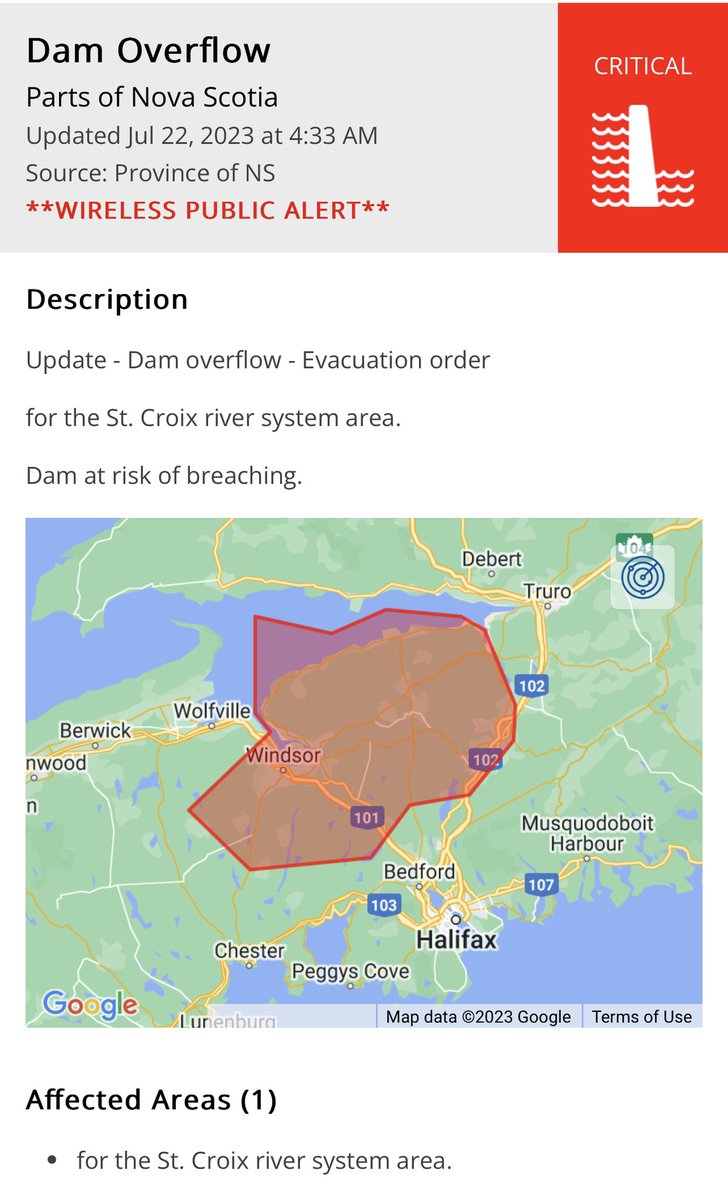 Shared: Dam Overflow Alert - Parts of Nova Scotia alertable.ca/#/details/2023…