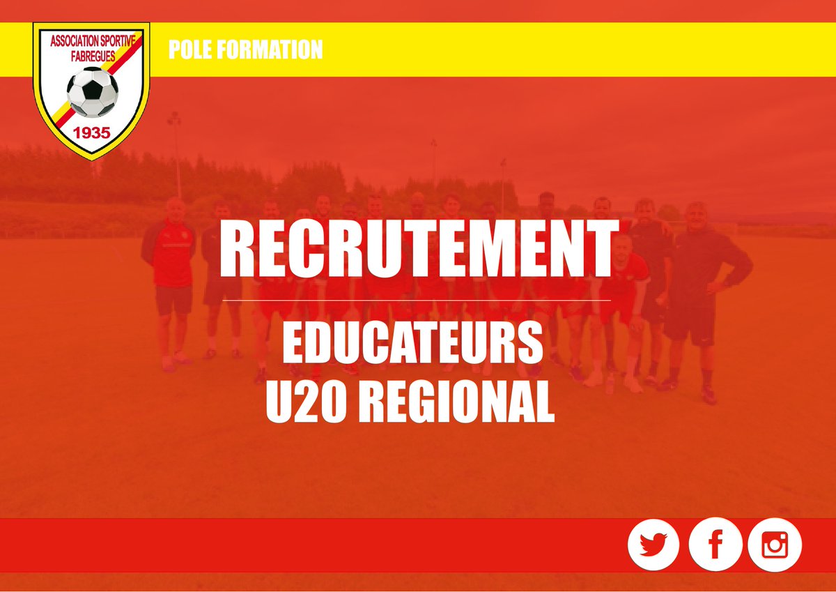 AsFabregues's tweet photo. / ASF Club. RECRUTEMENT 🟥🟨

⭐️Le club recrute pour la saison 2023-24 un éducateur pour sa catégorie U20 Régional!

⭐️LES + de l'ASF
💸Défraiement assurée
📚 Formation FFF prise en charge par le club
🥇Équipe au meilleur niveau régional

⭐️Contact
👩‍🦰Mylène
☎️06 46 84 18 59 https://t.co/Sq0mxp2znV