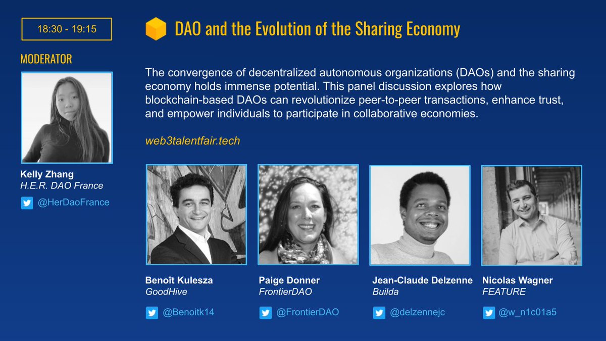Web3TalentFair's tweet photo. Panel program, Table 6, from 18:30 to 19:15, #DAO and the Evolution of the #SharingEconomy with @HerDaoFrance, @Benoitk14, @FrontierDAO, @delzennejc, @w_n1c01a5. See you today in Paris at "Hôtel de Massa" (13:00 - 20:00)... can't wait!!! 🤗🤗🤗 https://t.co/K7bvqCOdLE https://t.co/awa6ezWX3Y