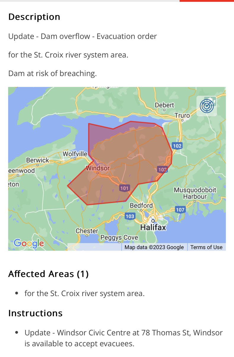 ryansnoddon's tweet photo. Emergency Alert issued for the St. Croix river system area.
=Evacuation order= for the St. Croix river system area.
Dam at risk of breaching. 
#nsstorm #nswx https://t.co/ddDyw6B1gx
