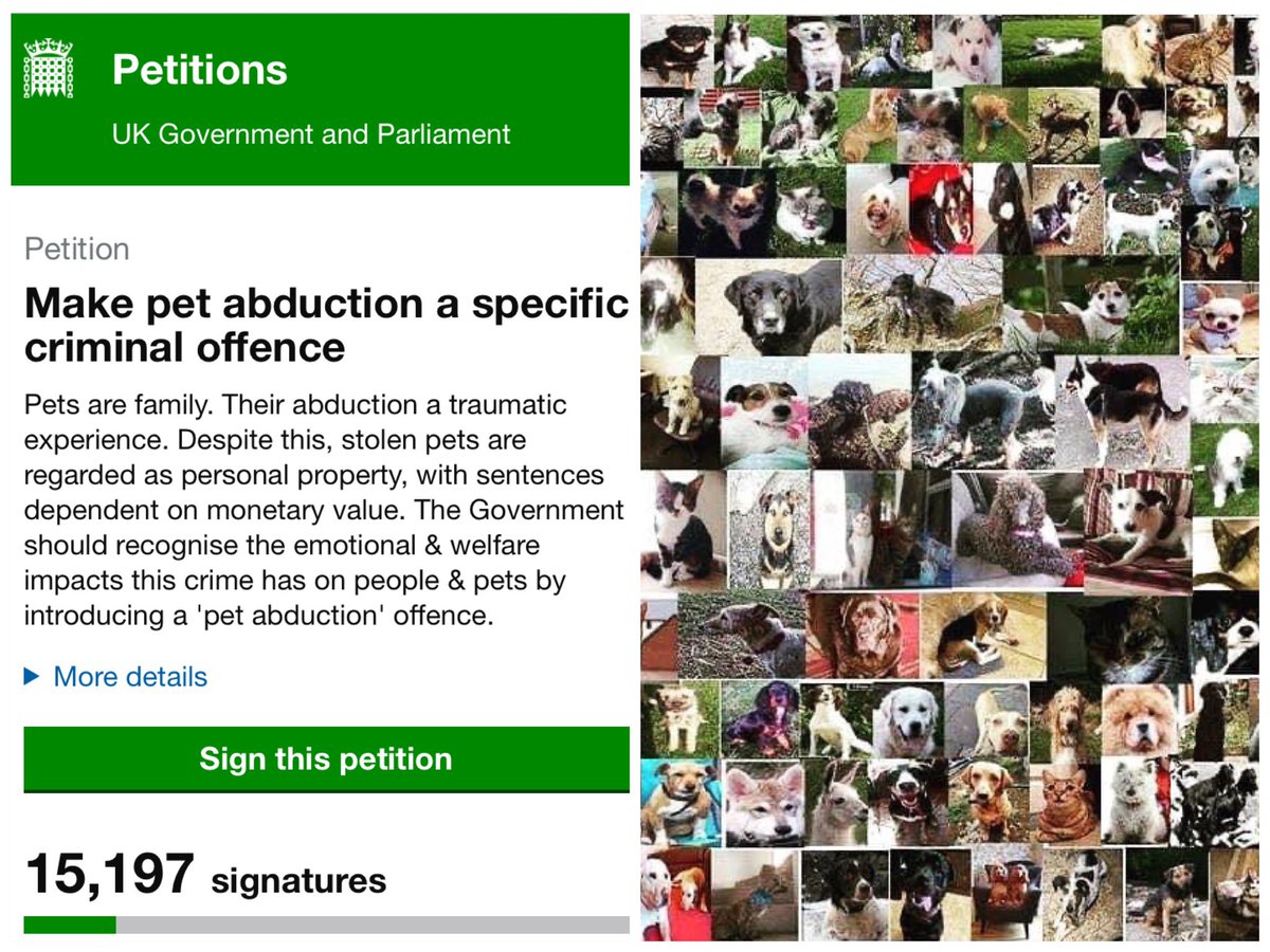 Government committed to make #PetAbduction a specific criminal offence, so why are we waiting for a response? Thank you 15,197 #AnimalLovers for raising awareness. Keep the pressure on to remind them #PetsAreFamily SIGN & RT petition.parliament.uk/petitions/6401… #PetTheftReform