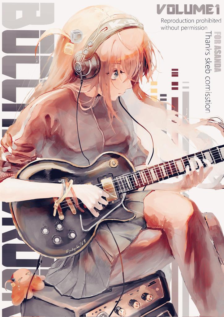 gotou hitori 1girl guitar instrument pants under skirt electric guitar gibson les paul solo  illustration images