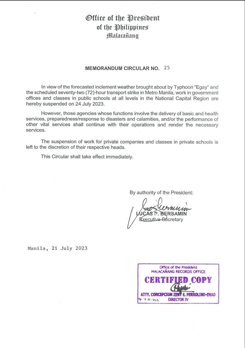 walangpasok's tweet photo. Malacañang suspends all classes in public schools and work in government offices in Metro Manila on Monday, July 24. 

#WalangPasok 
#SONA2023
#EgayPH  -@PIADesk (https://t.co/5FmnOUDXBL)