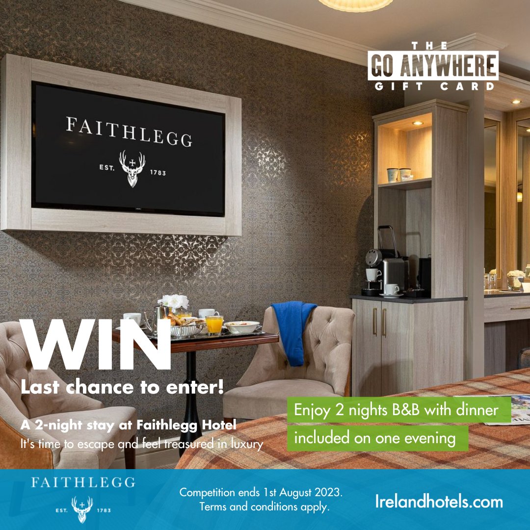 🌟 LAST CHANCE TO ENTER 🌟

At Irelandhotels.com, we're giving one lucky winner the chance to.. 

WIN 2 nights B&B with dinner on one evening in Faithlegg House Hotel & Golf Club 🏰

Head Facebook or Instagram to enter!

Irelandhotels.com
#GoAnywhereGiftCard