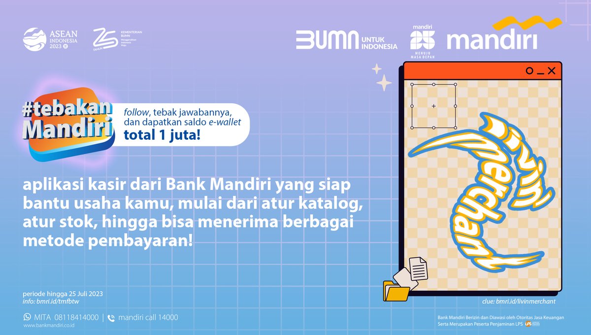 Ada e-wallet total Rp1 juta nih buat kamu! Cukup reply tweet ini dengan jawaban kamu plus hashtag #TebakanMandiri!

Periode s/d 25 Juli 2023. Info: bmri.id/tmfbtw

#LivingaLivelyLife #KuisBerhadiah