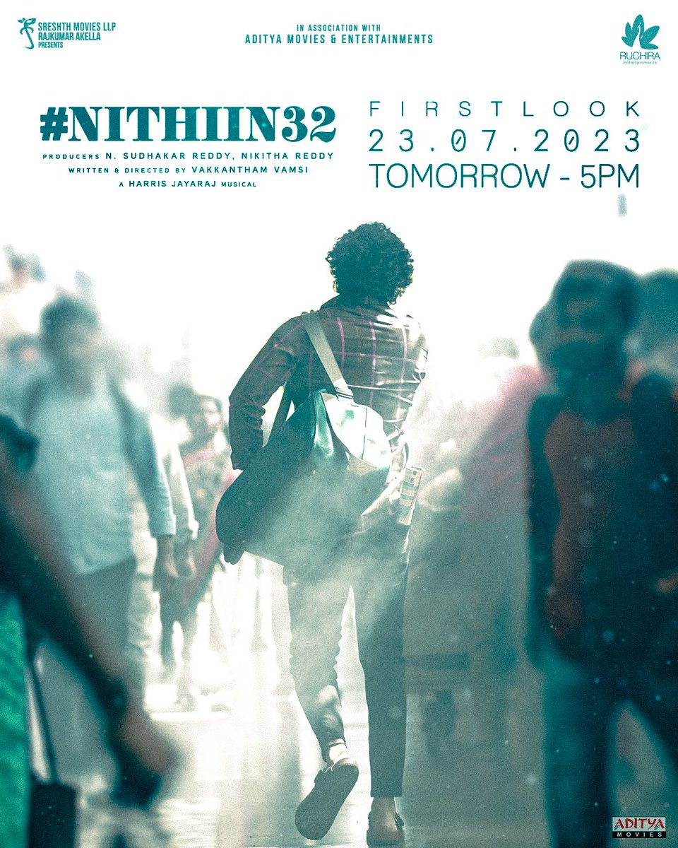 #Nithiin32’s Title and First Look releasing Tomorrow @ 5PM 

@actor_nithiin @sreeleela14 @vamsivakkantham 
@Jharrisjayaraj #SudhakarReddy #NikhithaReddy  @SreshthMovies 
@vamsikaka @adityamusic