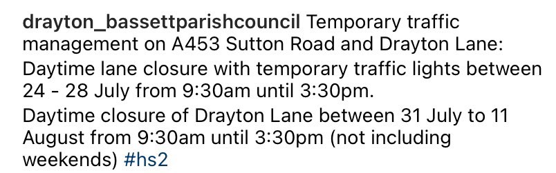 DBParishCouncil's tweet photo. Temporary traffic management on A453 Sutton Road and Drayton Lane #hs2 https://t.co/dWF4sL54mU