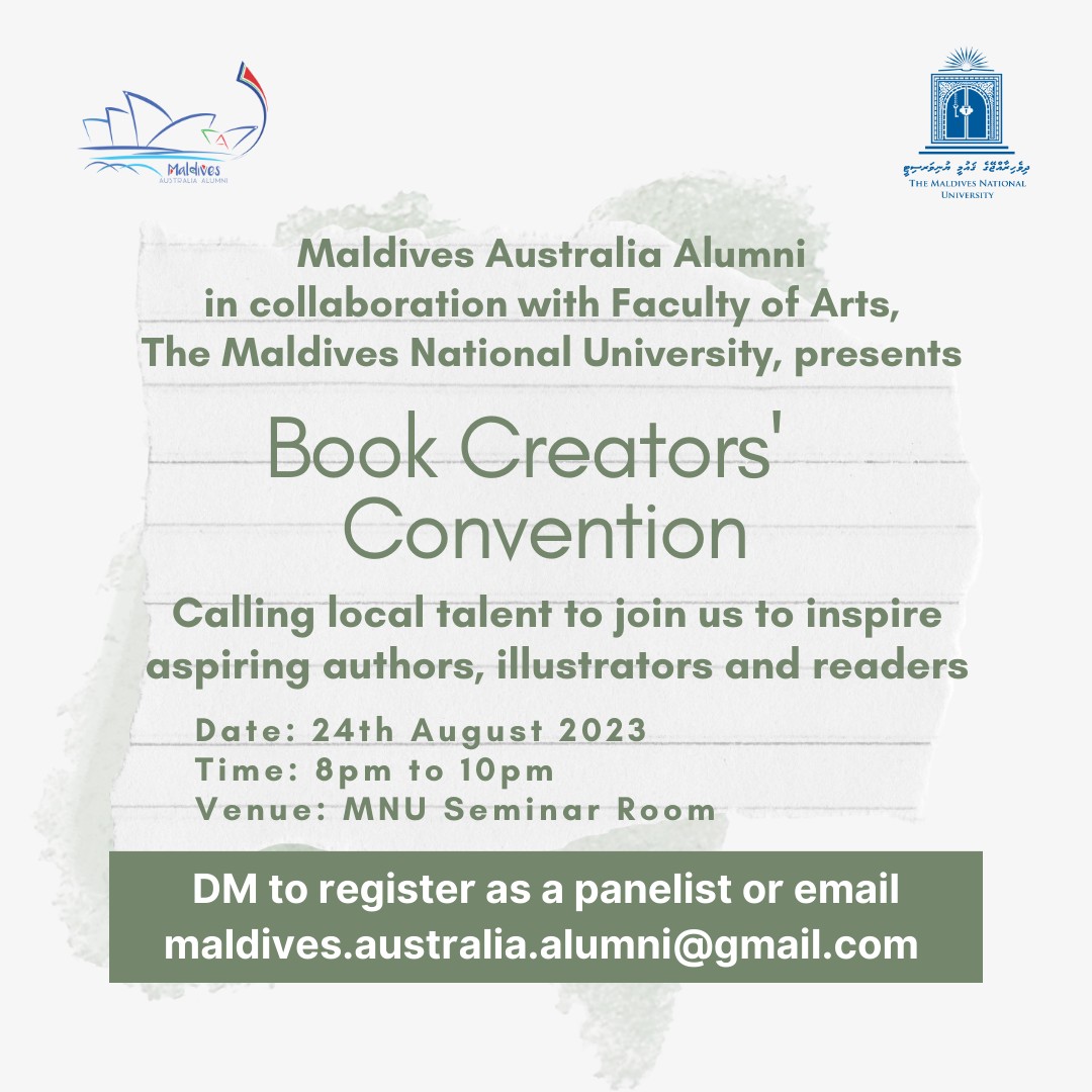 Calling local talent to join our Book Creators' Convention in collaboration with Faculty of Arts <a href="/MNUedu/">The Maldives National University</a> 
DM us for details.
<a href="/AusHCSriLanka/">Australia in Sri Lanka</a> <a href="/AustraliaAwards/">Australia Awards</a> <a href="/dfat/">Department of Foreign Affairs and Trade 🇦🇺</a>