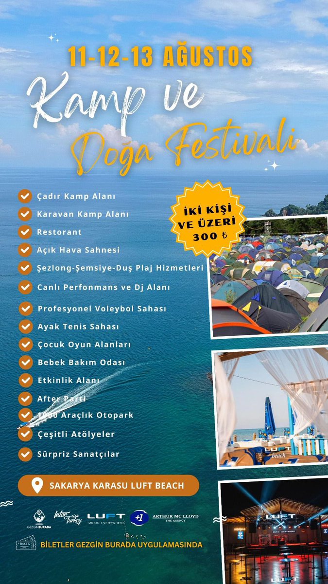 interturkeytr's tweet photo. Veee beklenen festival karşınızda!!🏕️🤩
@InterTurkey detaylı bilgi için 
GezginBurada ailesi olarak 11-12-13 Ağustos tarihleri arasında Sakarya Karasu Luft Beach’te #KampveDoğaFestivalindeyiz. https://t.co/BPlQ6xo8fy