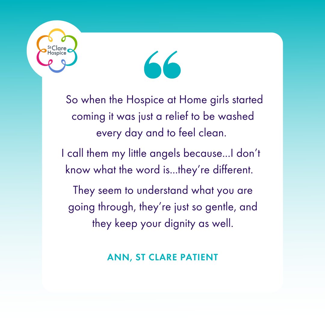 hospicestclare's tweet photo. “So when the Hospice at Home girls started coming it was just a relief to be washed every day and to feel clean. I call them my little angels because…I don’t know what the word is…they’re different...” #PatientQuote #HospiceCare #StClareHospice https://t.co/ymZs3qMkcn
