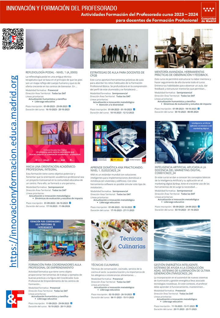 dcerverao's tweet photo. Si eres docente de FP en @ComunidadMadrid
ya puedes consultar toda la formación planificada #IF_CMadrid para el curso 2023-2024 @educacmadrid
Consulta las novedades y las fechas de inscripción y realización de los cursos 1/5 https://t.co/pF20ypp3PB https://t.co/PDhtgYI6DF