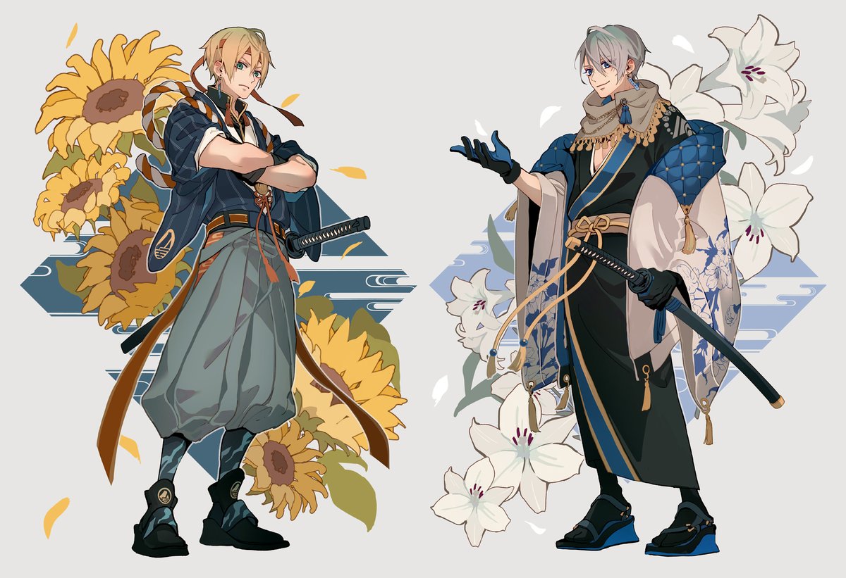 multiple boys flower 2boys sunflower weapon sword japanese clothes  illustration images