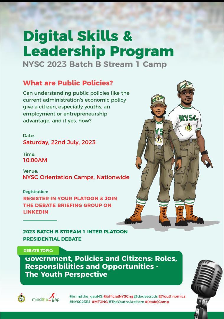 Dodeel_Benue's tweet photo. 2023 BATCH B STREAM 1 INTERPLATOON DEBATE 
TOPIC:* _Government, Policies And Citizens: Roles Responsibilities and Relationship - The Youth Perspective_
@mindthe_gapNG 
@officialnyscng 
#dodeel 
#theyouthperspective
#NYSC23B1 https://t.co/CLVXqKRdGx