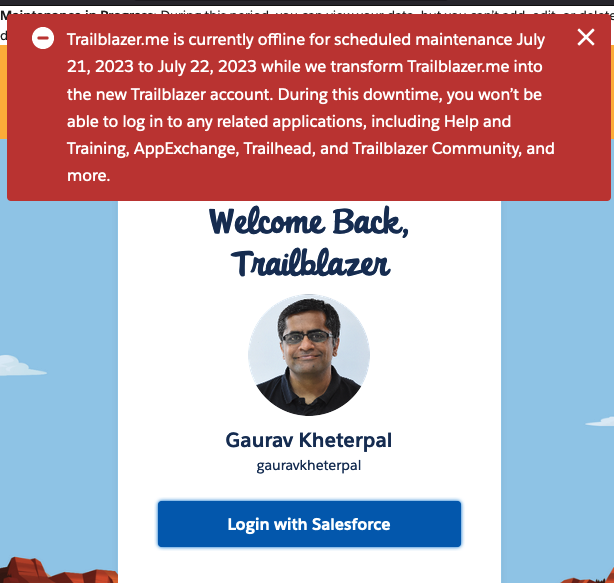 gauravkheterpal's tweet photo. That's a really long downtime - 1 day!

Dear @salesforce @trailhead - It will be really good to know the exact time when services will be restored. https://t.co/3qQVnrodoh is the login mechanism for many services, I'm sure thousands of users are stuck
#Salesforce #Trailhead #TBID https://t.co/oQqnukGqqK