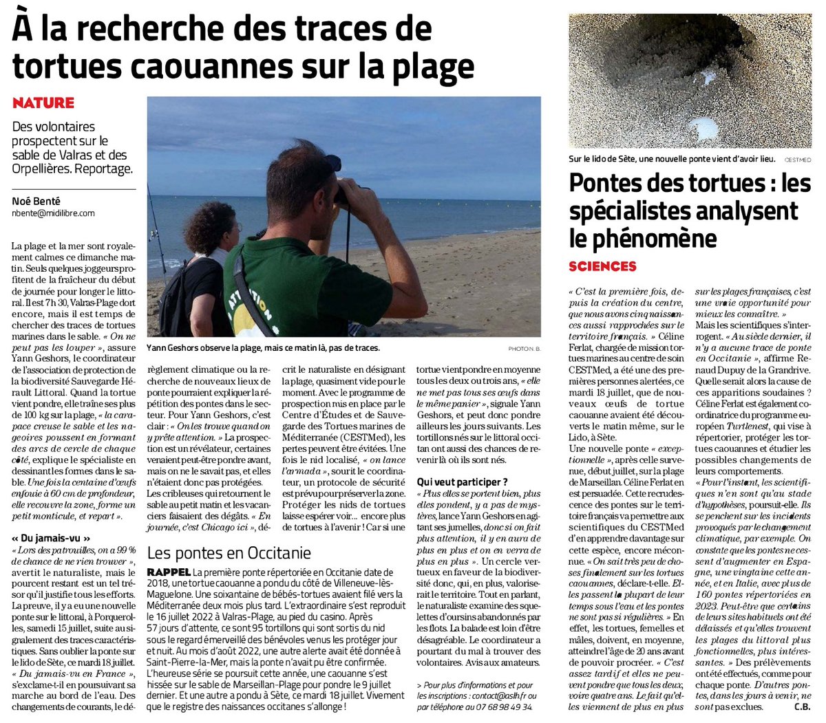 littoralherault's tweet image. [Article Midi Libre Béziers] 🐢 A la recherche des traces de Tortues caouannes sur le littoral biterrois, entre les Orpellières et la Ville de Valras Plage, un programme Life Européen Life #turtlenest, coordonné par le #CESTMed.