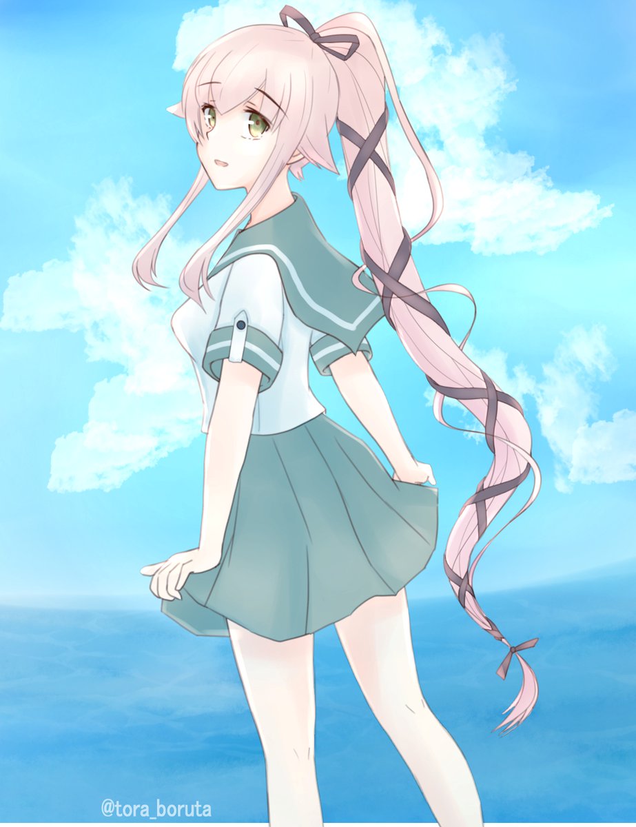 yura (kancolle) 1girl long hair solo skirt pink hair school uniform very long hair  illustration images