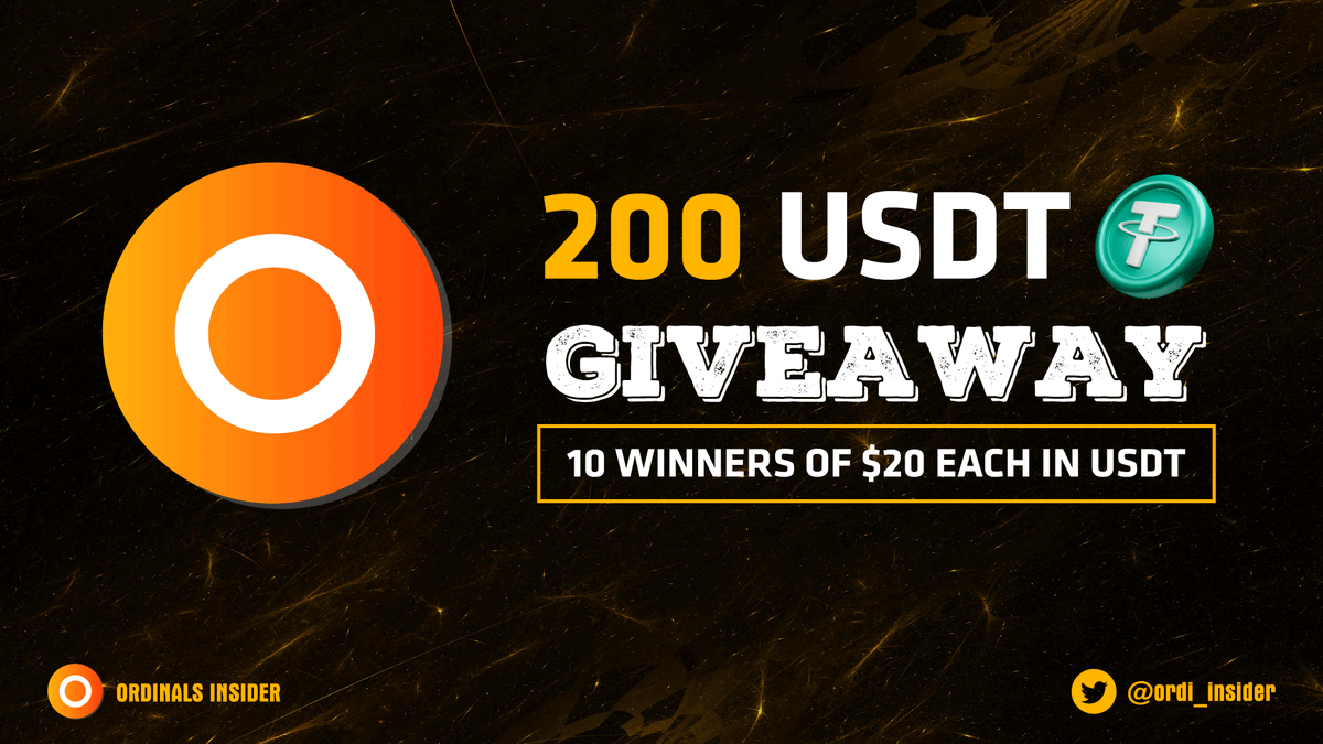 ordi_insider's tweet photo. 🎉 #GIVEAEWAY ALERT

We would like to thank those who have supported us in the past time with the following giveaway:

🎁Reward: $200 in $USDT
For 10 lucky people of $20 each
⏰ Duration: 72 hours

To Enter
🟠 Follow us @ordi_insider 
🟠 Like & RT this post
🟠 Tag 3 friends

#BRC20 #Ordinals #OrdinalsNFT