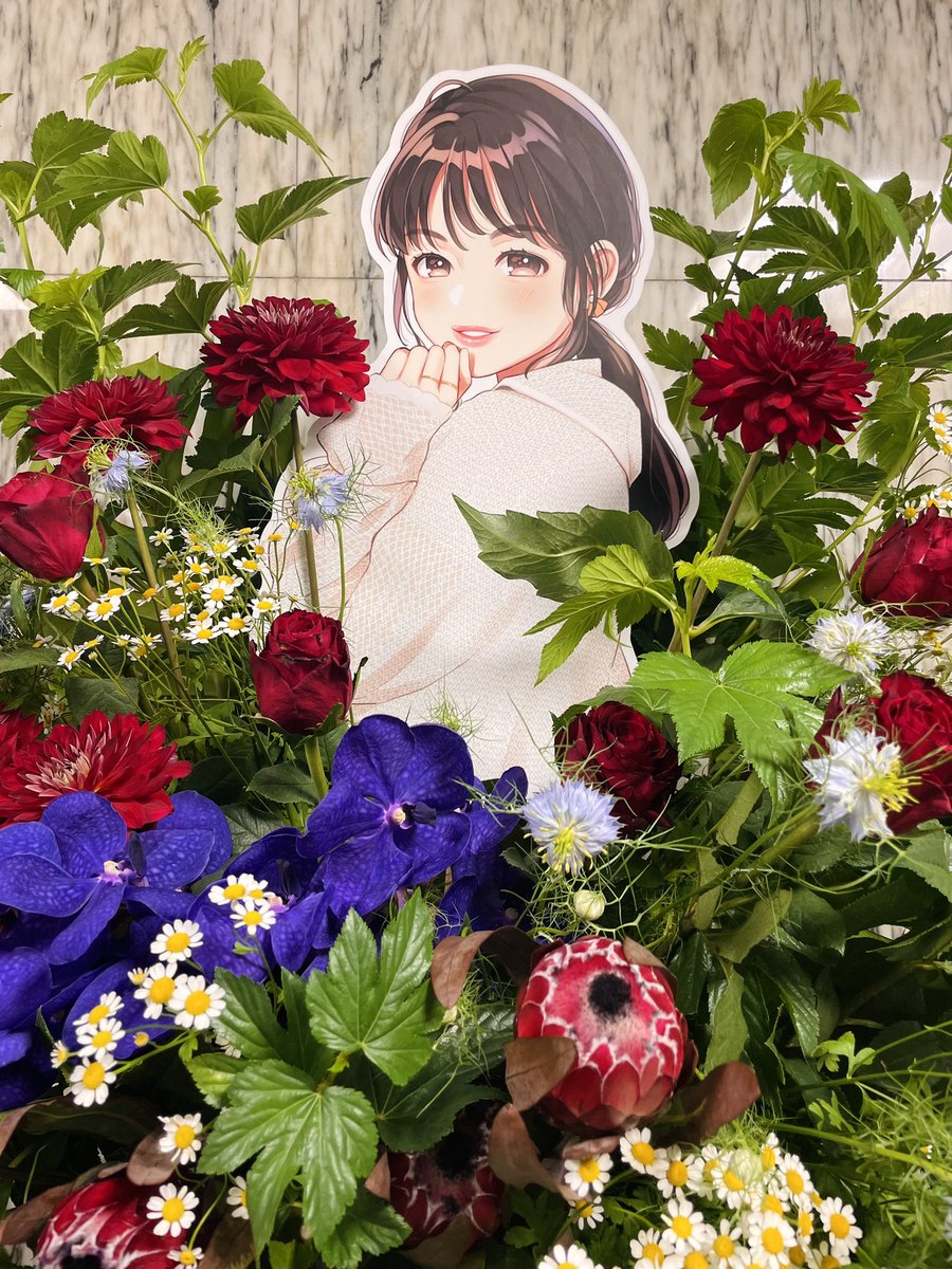 1girl solo flower red flower blue flower plant black hair  illustration images