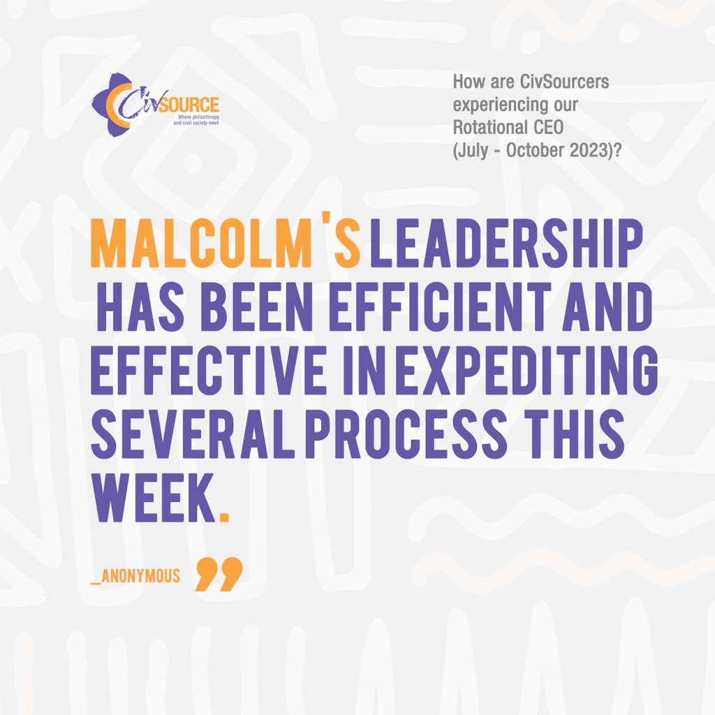 CivsourceAfrica's tweet photo. 🔆Insights from Our Rotational CEO🔆
Join us each week for insights into the journey of our Rotational CEO (Jul- Oct 2023) @Malcolmmpamizo as he embraces Change Ready, the CivSource way.
ℹ️ Change Ready initiatives visit:🔗https://t.co/maJbTT4YGY.
#changeready https://t.co/85zOdr5Wpv