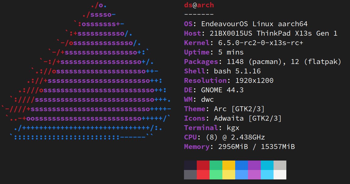 HDMI09's tweet photo. ##lenovo #x13s #archlinux #EndeavourOS #ARM #linux As of today, I can safely say that x13s is able to fully work in linux. Everything works for me except the camera=) https://t.co/Nfiv3NLBIx