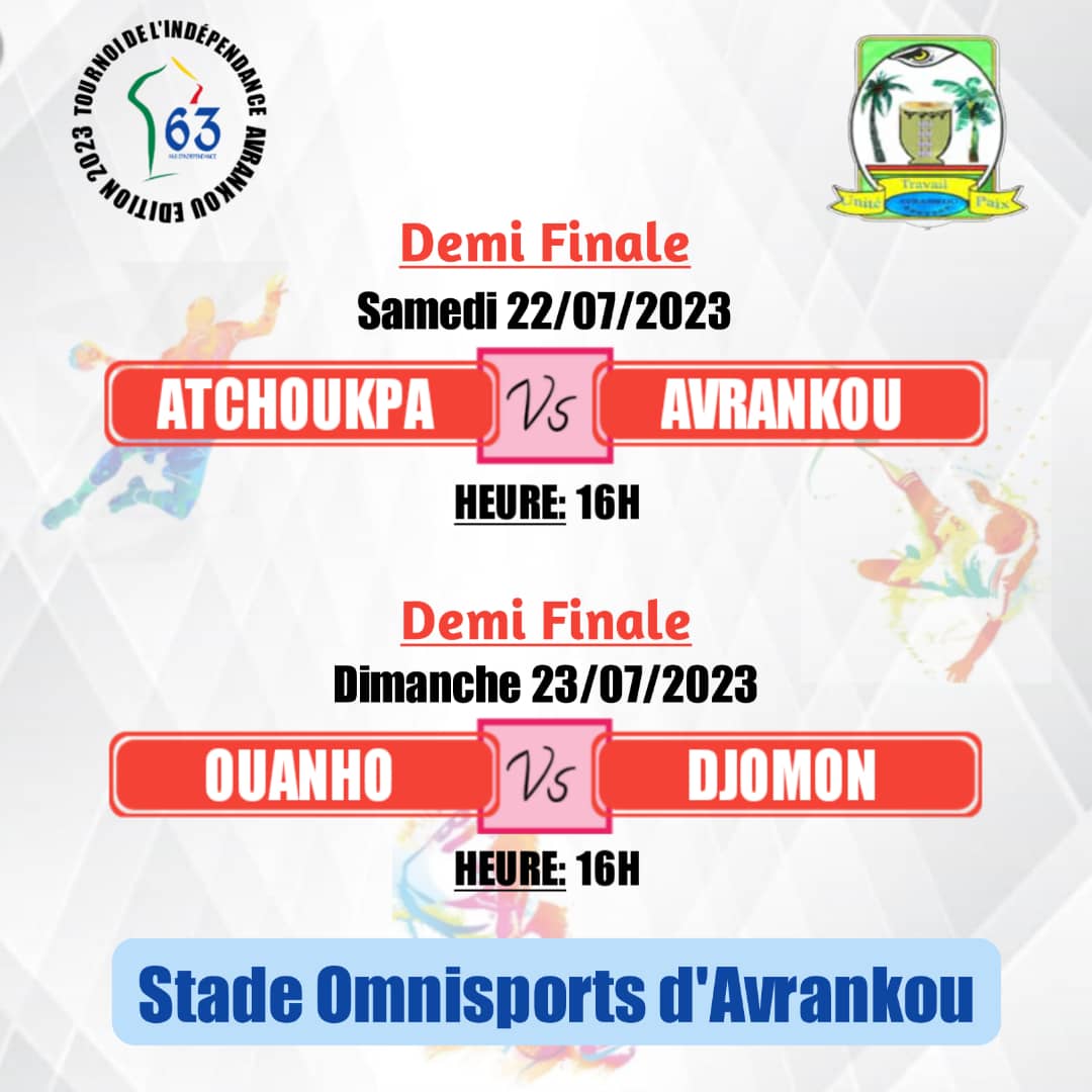 Bonjour Twitter!
Le tournoi de l'#indépendance, édition 2023 de <a href="/villeAvrankou/">ville Avrankou</a> entre dans sa seconde phase : on joue les demi-finales ce week-end.
Aujourd'hui, #Atchoukpa sera au prise avec #Avrankou à 16h00 au stade omnisports.
Demain, #Ouanho reçoit #Djomon
#wasexo #Bénin #foot
