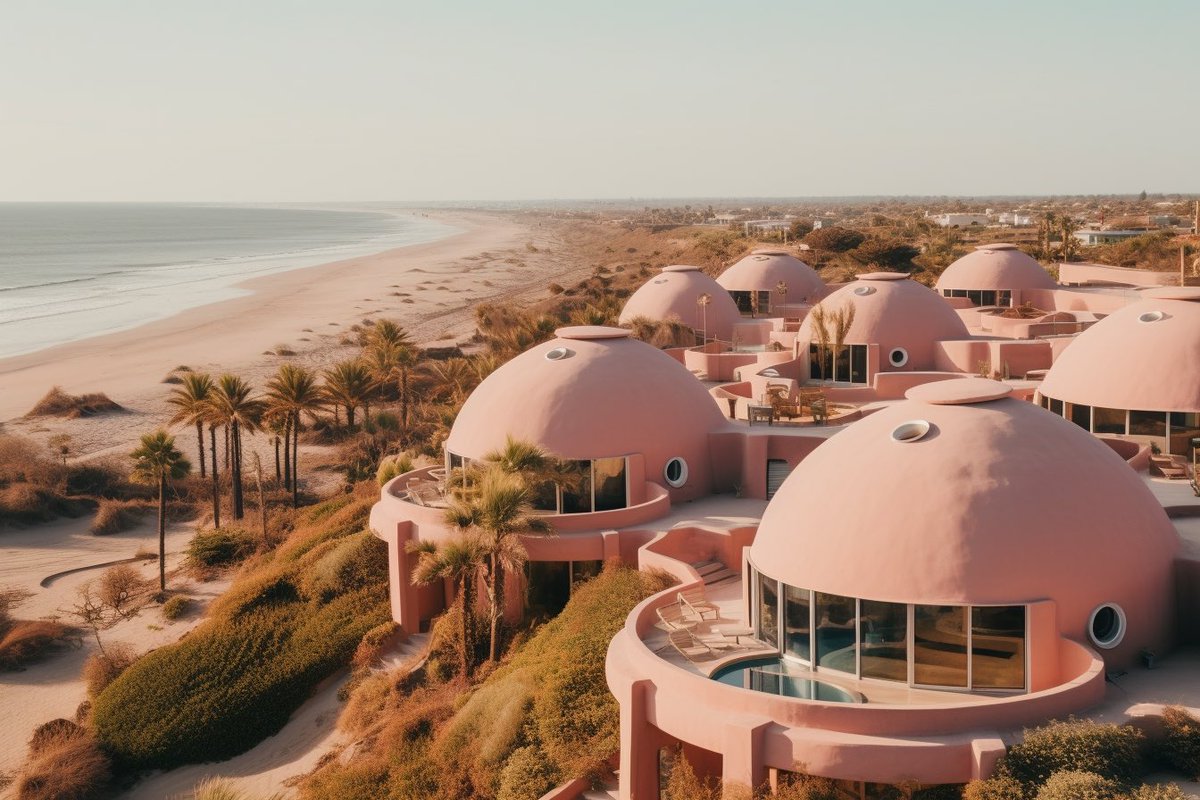 alxndraai's tweet photo. A hotel resort concept. I’m pretty sure Barbie would totally stay here 😉 

#midjourney #AIart #AIgirl #midjourneyartwork #Barbie #GenerativeAI https://t.co/cXxUuZPLUU