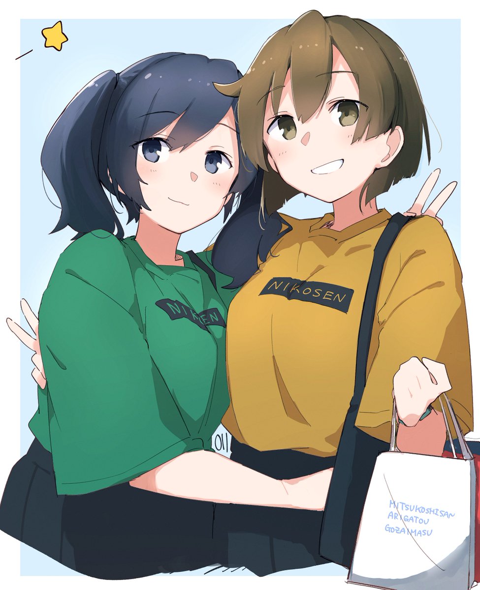 hiryuu (kancolle) ,souryuu (kancolle) multiple girls 2girls brown hair blue hair shirt bag twintails  illustration images