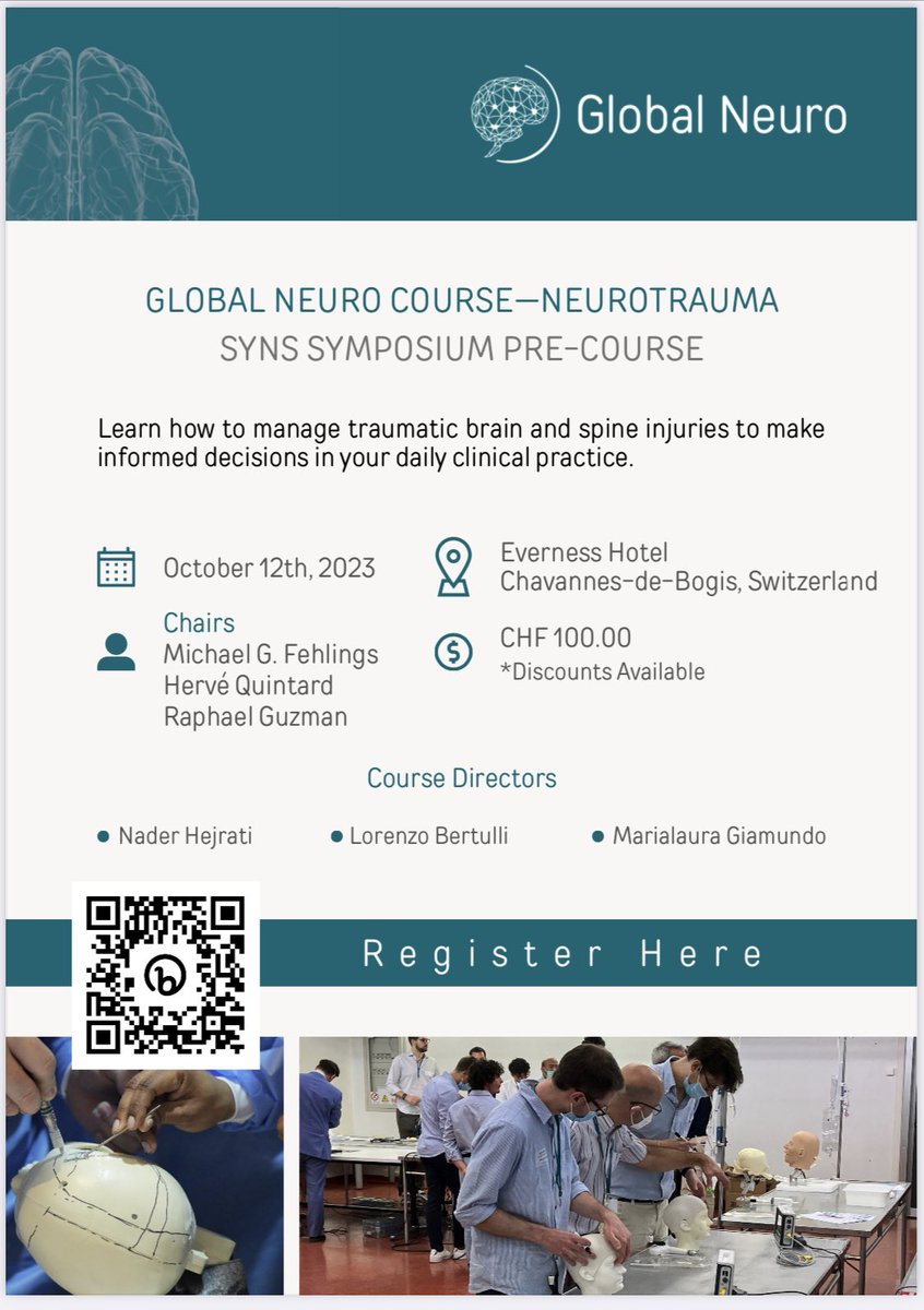 #Young #neurosurgeon, #trauma, #intensivecare #physician interested in #neurotrauma and #spinal #cord #injury? Sign up for this #SYNS pre-course with a global expert faculty! Meet you there! More information: lnkd.in/eivHHhAU 🇨🇭😷😎 <a href="/DrFehlings/">Michael G. Fehlings</a> <a href="/SwissYNS/">SYNS</a> <a href="/SFCNSyouclin/">SFCNS and YouCliN</a>