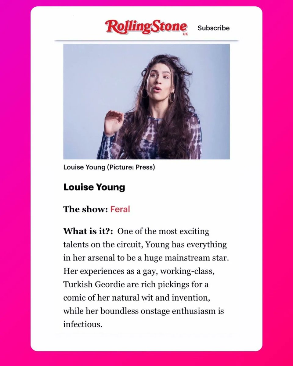 This is mint I'm in top 15 shows to see at @edfringe in @RollingStoneUK 🎉🎉 @BeardedGenius 🙏🙏🙏 Pic - @howiehowe TIX - pleasance.co.uk/event/louise-y… Come and see is