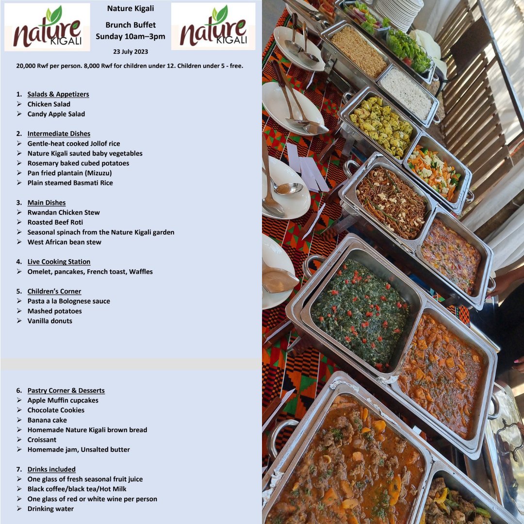 The Nature Kigali (@naturekigali) on Twitter photo Our Sunday Brunch Buffet is on this Sunday 23rd July from 11am till 4pm.
Plan to come with your families and friend and enjoy our well cooked, flavourful, authentic and tasty food prepared at <a href="/naturekigali/">The Nature Kigali</a> . Our Sunday Brunch Buffet is on this Sunday 23rd July from 11am till 4pm.
Plan to come with your families and friend and enjoy our well cooked, flavourful, authentic and tasty food prepared at <a href="/naturekigali/">The Nature Kigali</a> .