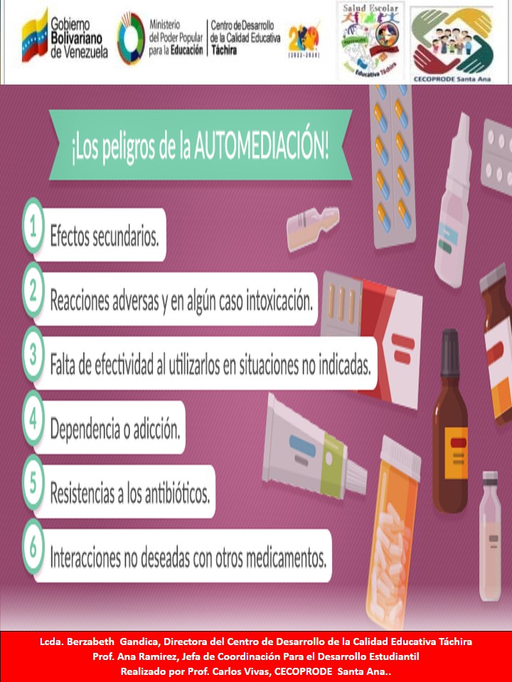 Peligros de la automedicación 
@MPPEDUCACION
@ZonaEducTachira
<a href="/NicolasMaduro/">Nicolás Maduro</a>
<a href="/yelitzePSUV_/">Yelitze Santaella</a>
<a href="/berzabethg1/">Berzabethgandicaoficial</a>
<a href="/COMUNIDADESED15/">DIV. COMUNIDADES EDUCATIVAS TÁCHIRA</a>
@SPETachira
<a href="/saludescolar2/">Salud Escolar</a>
<a href="/cordobaENGH/">CordobaGarciadeHeviaEcuela</a>
<a href="/Yasuy80/">CEI DR FCO GARCIA H.</a>
<a href="/uensimonbolivar/">U.E.N.SIMONBOLIVAR - Córdoba.</a>
<a href="/Especial13142/">Especial Córdoba</a>
<a href="/donromulogalle1/">Donromulogallegos</a>
<a href="/lavictoria2015/">Nueva Morelia</a>