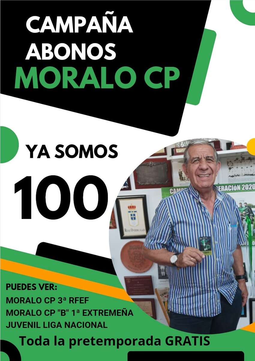 CAMPAÑA ABONOS MORALO CP TEMPORADA 2023-24 
Ya somos 100 abonados. Recordamos que con el carnet de socio podrás ver los tres equipos: 3ª RFEF,  1ª Extremeña y Juvenil Liga Nacional. Además podrá ver gratis integra los partidos de Pretemporada.
EL MORALO SIN TI NO ES NADA, ABONATE