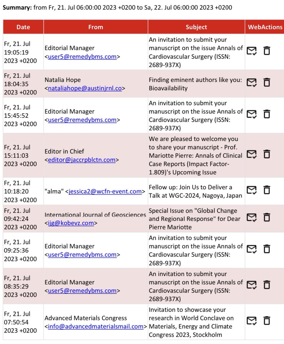 PierreMariotte's tweet image. ⚠️Today’s SPAM: 9 invitations to submit papers… 4 from the same journals. 

To these journals, do you really think that such emails send to random scientists are helping your cause? i.e., asking an ecologist to submit in Annals of Cardiovascular Surgery 🙄
#PredatoryJournal