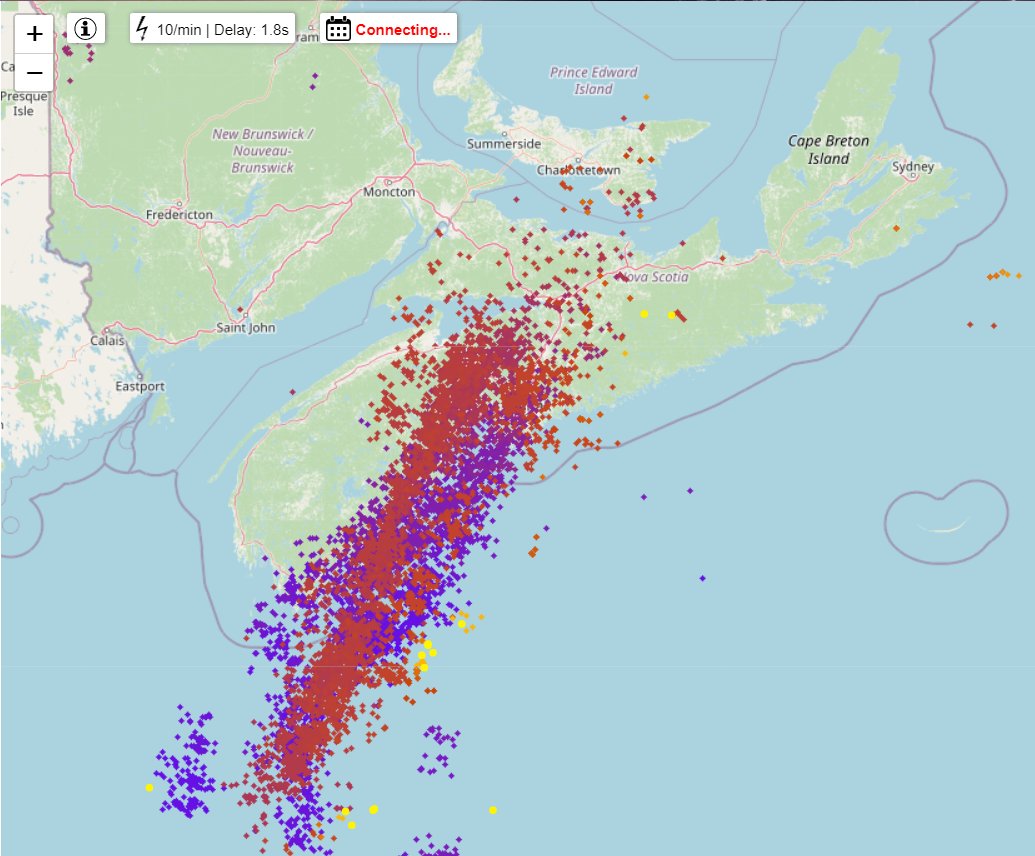 24 hour lightning strike map highlights where the thunderstorms have been training and the heavy rain has been causing flooding across Nova Scotia. Map via lightningmaps.org #nsstorm #nswx