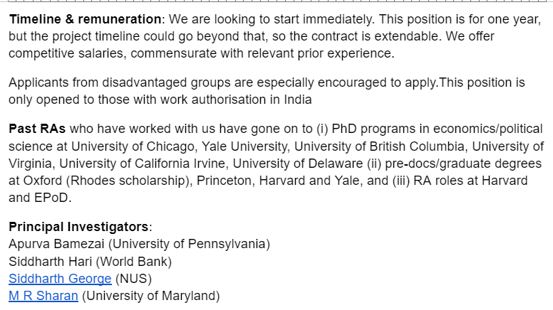 📢📢
We are hiring!

Join Sid George (@siddyg88), Sid Hari, Apurva Bamezai + me on an ongoing large, exciting Bihar-based project on local governance!  

Apply here: forms.gle/2HSfY4kcmF3exJ…
Details 👇🏾
PDF: dropbox.com/s/ghiap3c739e3…
@econ_ra

#EconTwitter #PoliSciTwitter