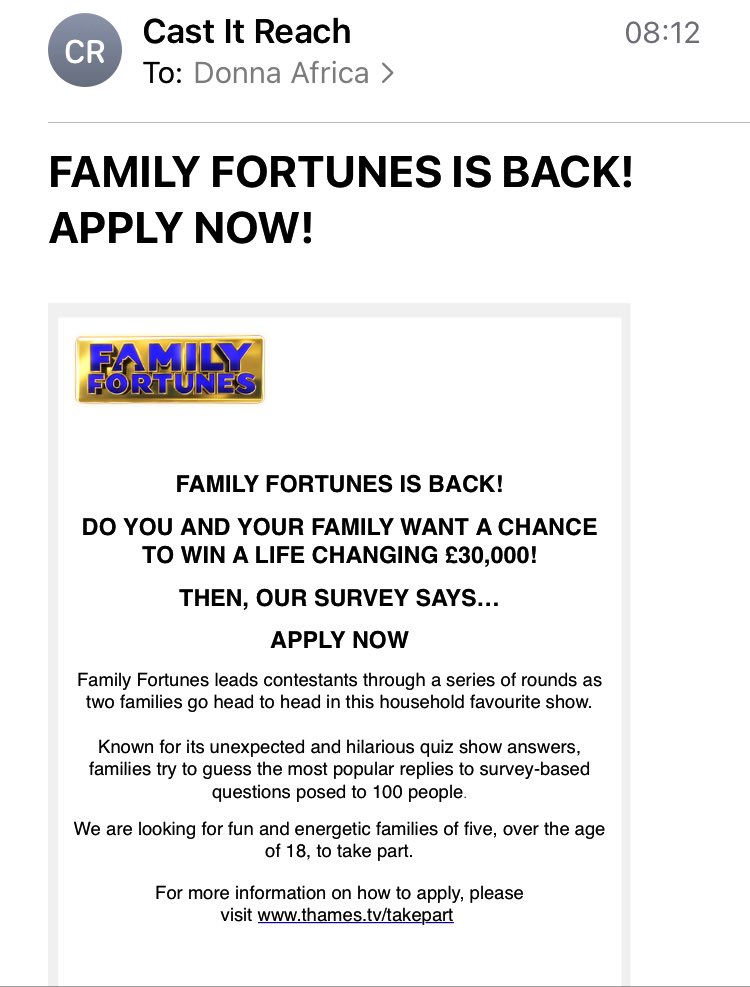 Casting opportunity for families to win big bucks! #casting #familyfortunes #beontv #castingcall #Norwich