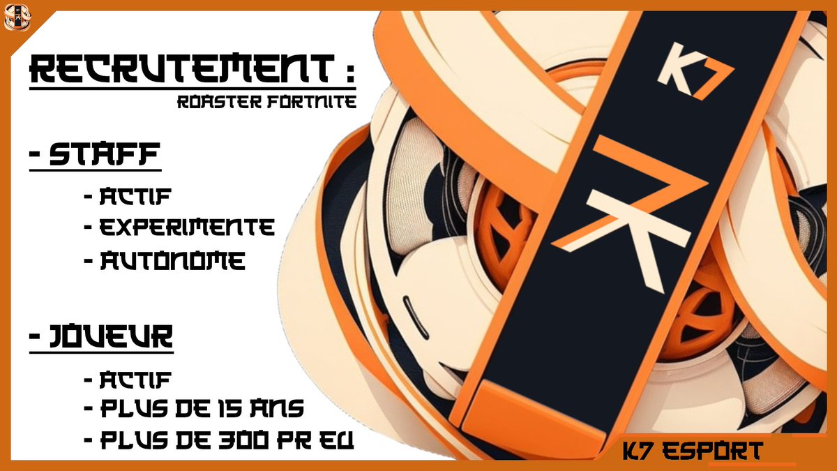 🚨 - La K7 Esport recrute pour son roaster Fortnite.

Si vous êtes intéressé, n'hésitez pas à contacter notre directeur Fortnite sur son compte Twitter : <a href="/Fanatik_N_11/">Fanatik</a>