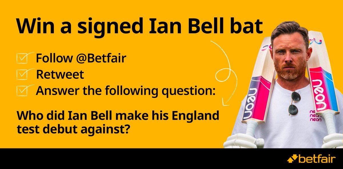 🎁 #Ashes competition

✍️ We're giving away 4x souvenir replica cricket bats signed by <a href="/Ian_Bell/">Ian Bell MBE</a> 

✅ Follow, RT and answer the following:

⏱️ Entries must be submitted by 5pm on Monday 24th.

👉 T&amp;C's: betting.betfair.com/betfair-announ…