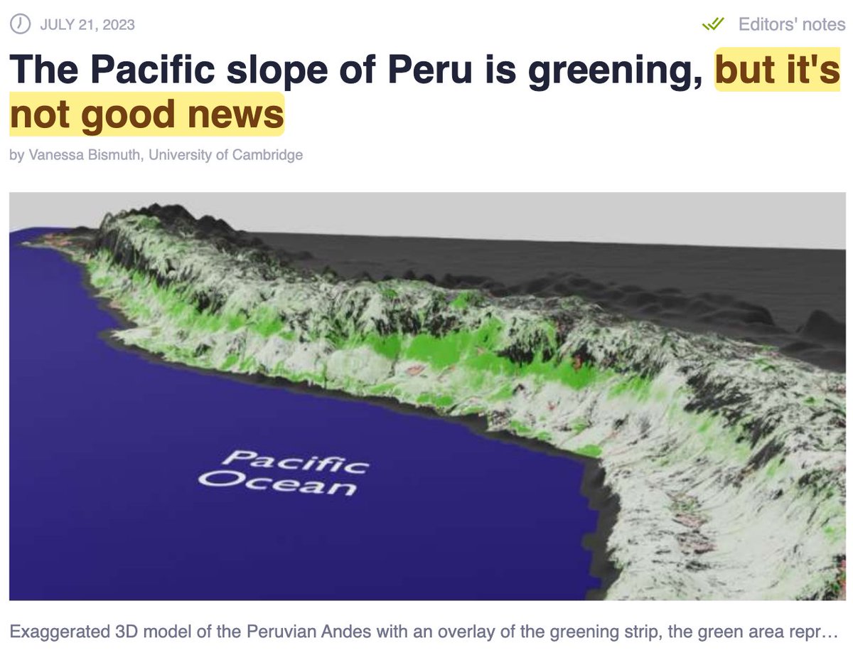 'But it is not good news': how climate science has to be presented today Greening is good Imagine if the researchers had found that Peru had become less green Yet, all stories have to be bad news (Nothing in article about why greening is bad news) phys.org/news/2023-07-p…