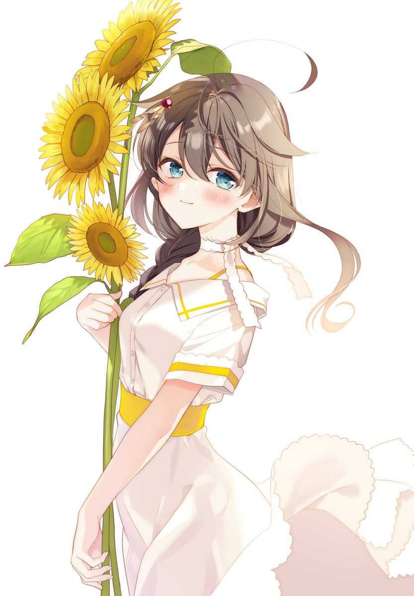 shigure (kancolle) ,shigure kai ni (kancolle) 1girl solo sunflower flower dress blue eyes braid  illustration images