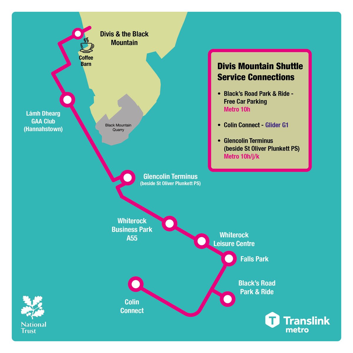 Translink_NI's tweet photo. The @NationalTrustNI Divis Shuttle service is back! Running each Saturday &amp; Sunday until 27th August, plus Bank Holiday Monday 28 August. Departs Colin Connect: 10.00, 1130, 1300, 1430, 1515 &amp; 1645. Departs Divis: 1045, 1215, 1345, 1515, 1600 &amp; 1730. https://t.co/TOPQremjPa