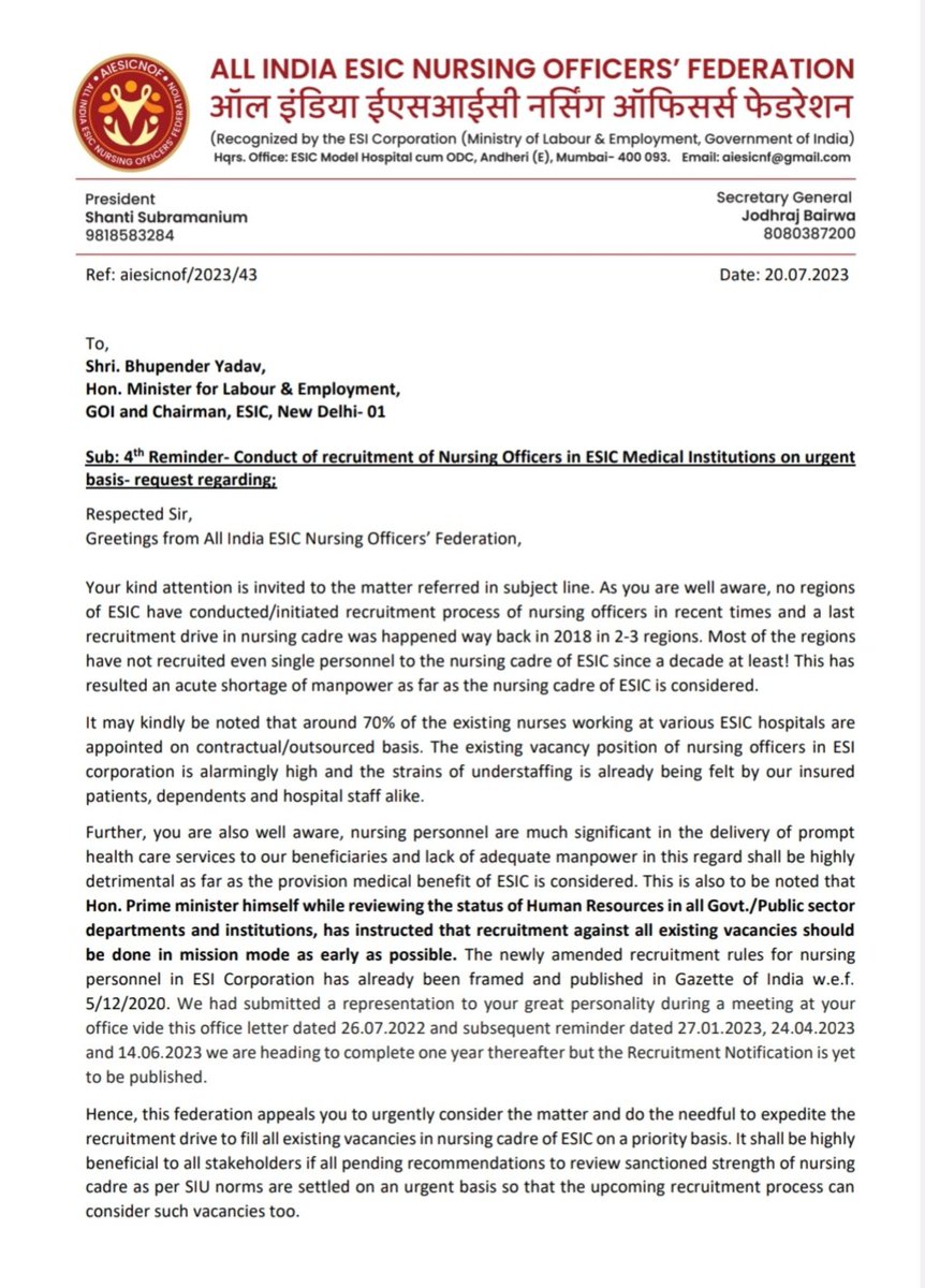 aiesicnf's tweet image. 4th reminder submitted to Hon. Union Minister for @LabourMinistry and the DG @esichq to expedite the Recruitment Drive for the #nurses in #ESIC in &quot;mission mode&quot; as early as possible.  
#missionmoderecruitment #nursingofficersrecruitment2023 #RozgarMela  
Sh.@byadavbjp