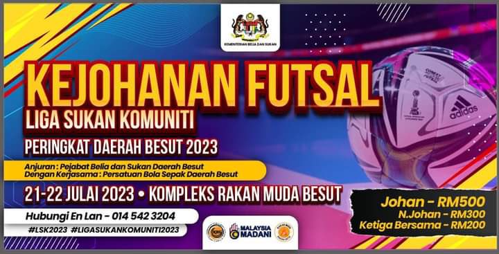 mdbesut's tweet photo. Tahniah Pasukan Futsal Majlis Daerah Besut kerana telah mendapat Johan dalam Kejohanan Futsal Liga Sukan Komuniti Peringkat Daerah Besut 2023.

#LigaSukanKomuniti2023 https://t.co/TR7ApsL4e5