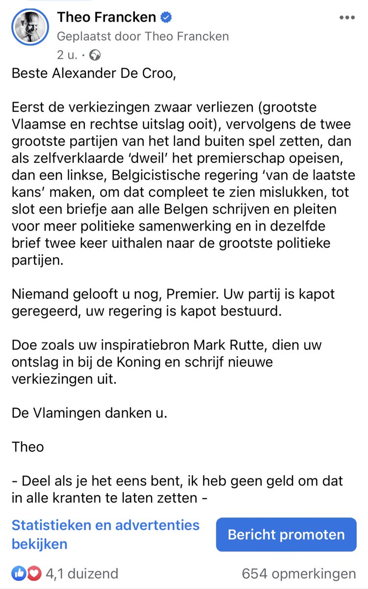 Theo Francken (@franckentheo) on Twitter photo Repliek gaat viraal. Bijna 2.000 keer gedeeld op FB op amper 2u tijd. Geen peperdure krantenadvertenties nodig om te weten wat de meerderheid van de Vlamingen wenst.
Stop ermee en geef ons nieuwe verkiezingen aub. <a href="/alexanderdecroo/">Alexander De Croo π§πͺπͺπΊ</a> Repliek gaat viraal. Bijna 2.000 keer gedeeld op FB op amper 2u tijd. Geen peperdure krantenadvertenties nodig om te weten wat de meerderheid van de Vlamingen wenst.
Stop ermee en geef ons nieuwe verkiezingen aub. <a href="/alexanderdecroo/">Alexander De Croo π§πͺπͺπΊ</a>
