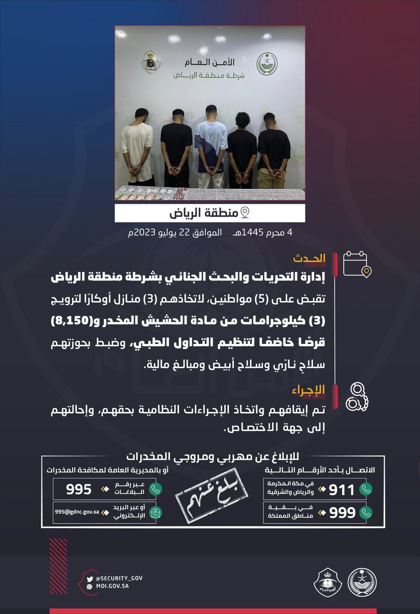 security_gov's tweet photo. إدارة التحريات والبحث الجنائي بشرطة منطقة الرياض تقبض على (5) أشخاص لاتخاذهم (3) منازل أوكارًا لترويج المخدرات.
#الحرب_على_المخدرات
#بالمرصاد https://t.co/Ydq32UcKfk